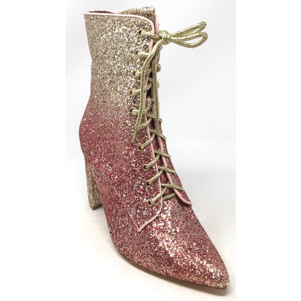 Glitter Ombre Lace Up High Heel Boots Gold Pink Block Heel Party Shoes Size 9